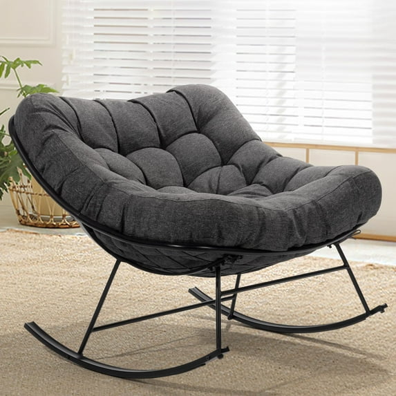 Patio Rocking Chair Outdoor and Indoor, Metal Lounge Rocker with 7'' Thick Cushion, 400lbs Capacity, Ergonomic Design, Easy Assembly, Grey Cushion - Black Matte Rocker
