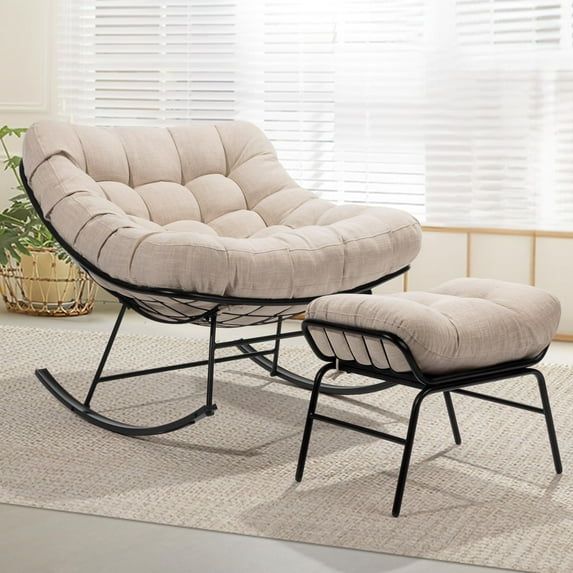 Patio Rocking Chair Outdoor & Indoor with Ottoman, Metal Patio Lounge Rocking Chair with Thick Cushion, Comfy Modern Rocker Chair, Beige Cushion - Black Matte Rocker