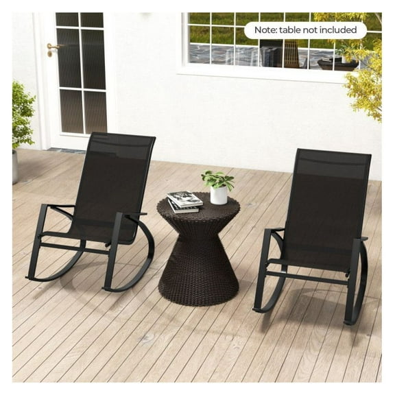 Patio Rocking Chairs 2-Piece Set, Outdoor Sling Rockers with Ergonomic Backrest & Seat, Metal Frame, 330lbs Capacity, Black, for Backyard, Poolside, Balcony