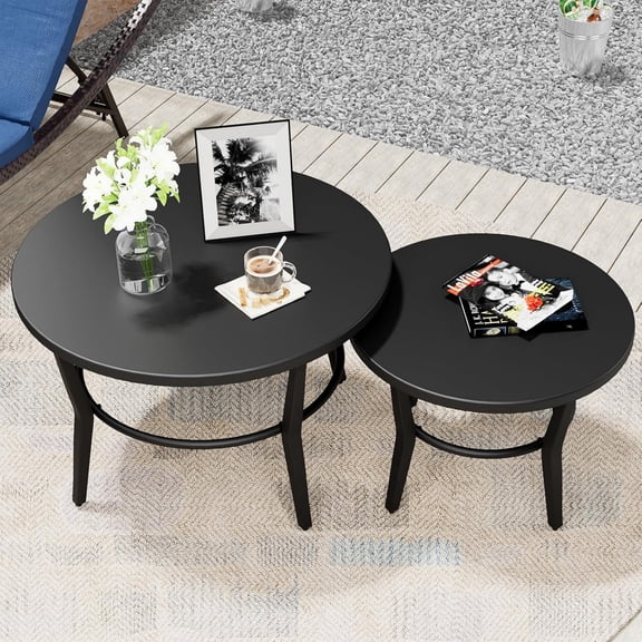 Patio Round Coffee Table Set of 2, Outdoor Large Side Table-Weather Resistant Metal Steel for Patio, Backyard, Pool,Lawn(Black)