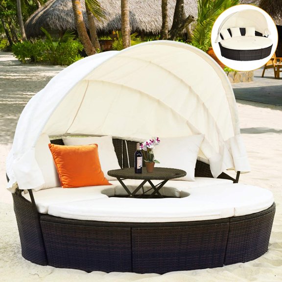 Patio Round Daybed with Retractable Canopy, Outdoor Wicker Rattan Furniture Sets, Sectional Sofa Set w/Height Adjustable Coffee Table, Rattan Conversation Sets