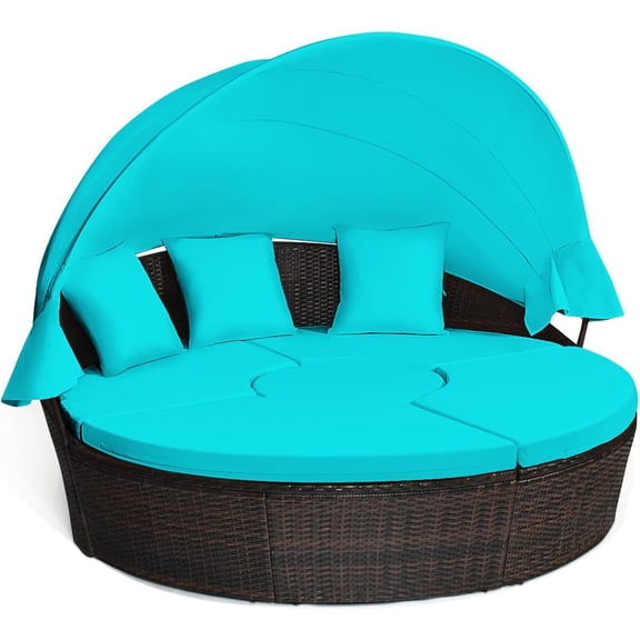 Patio Round Daybed with Retractable Canopy, Wicker Furniture Sectional Couch with Separate Cushioned Seats, Adjustable Table Top, Patio Rattan Daybed Sofa for Poolside, Turquoise