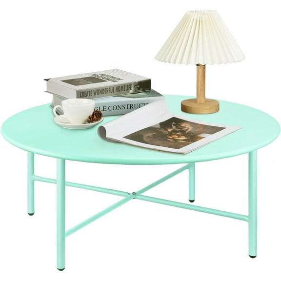 Patio Round Steel Patio Coffee Table, Weather Resistant Anti-Rust and Waterproof Indoor and Outdoor Large Side Table, for Garden Living Room Bedroom Balcony (Mint Green)