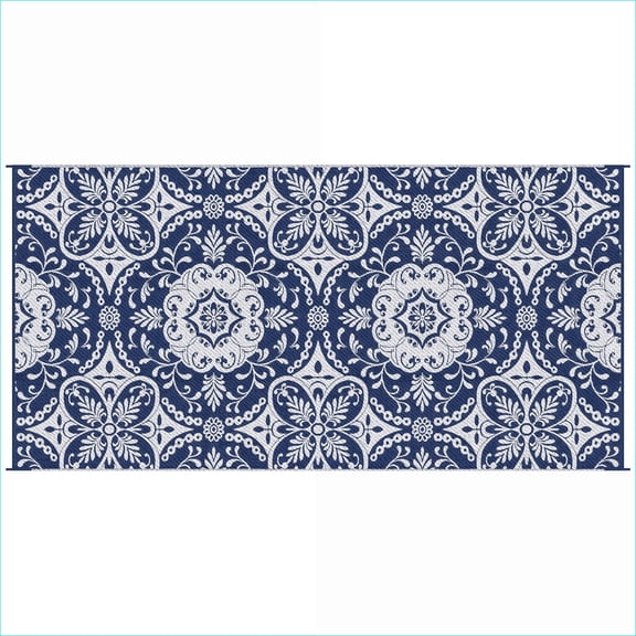 Patio Rug 9' x 18' Reversible Waterproof Boho Floral for Patio RV Camping | Blue | Polypropylene