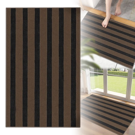 Patio Rug, Balcony Rug, Black Tan Striped Rug for Front Porch, Non-Slip Washable Doormat, 1Pcs Farmhouse Neutral Non Shedding Indoor Carpet, Holiday Decorative Carpet 23.6x15.7 In