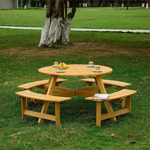 Patio Rustic 8-Person Round Picnic Table, 4 Built-in Benches Umbrella Hole for Backyard Porch | Natural | Wood