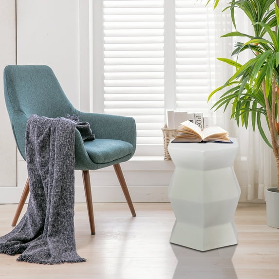 16.75" White Ceramic Drum Stool - Modern Indoor/Outdoor Side Table & Garden Seat (13"W X 16.75"H)