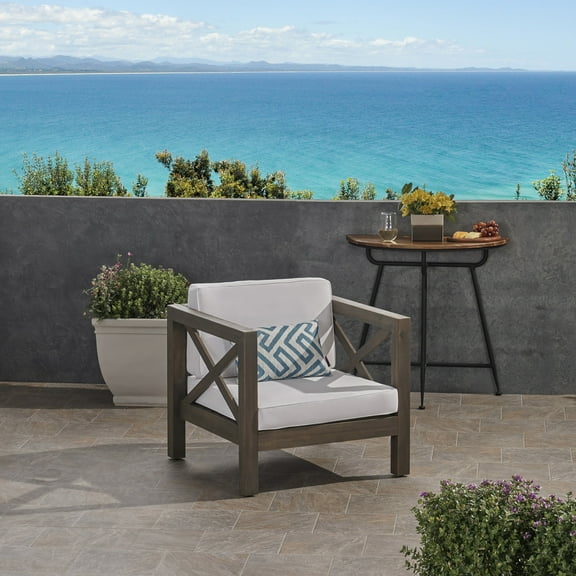 Patio Seating, BRAVA CLUB CHAIR, Grey+White Outdoor Seating,Wood+Waterproof Fabric Garden Seating,