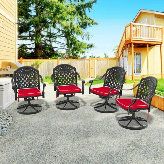 Patio Seating Cast Aluminum Patio Swivel Chair 4PCS With Black Frame and Red Cushions,Outdoor Seating