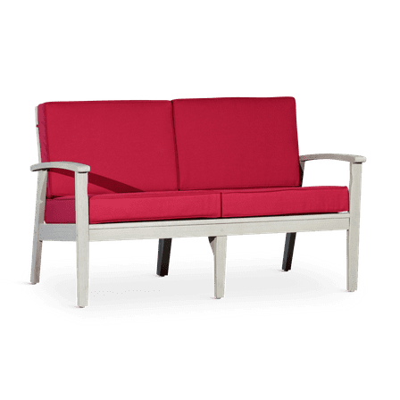Patio Seating Eucalyptus Loveseat with Cushions, Driftwood Gray Finish, Burgundy Cushions,Outdoor Seating
