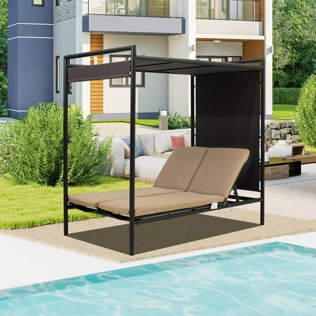 Patio Seating Outdoor Patio Daybed with Adjustable Canopy Bed, Double Chaise Lounge with 5 Position Adjustable Backrest and Cotton Cushions for Patio, Yard, Balcony, Poolside,Outdoor Seating