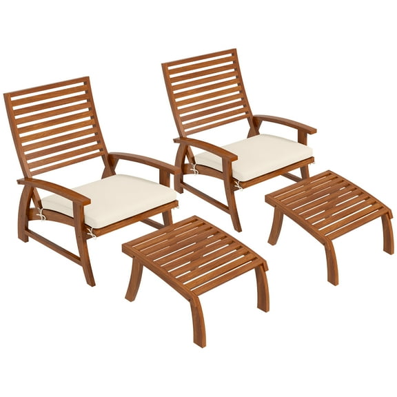 Patio Seating Outsunny 4 Pieces Patio Chairs with Cushion, Outdoor Dining Chairs Set of 4, Acacia Wood Seat with Footstools, Slatted Seat & Backrest, Armrests, Cream White,Outdoor Seating