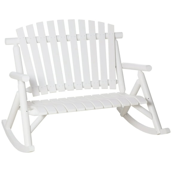 Patio Seating Outsunny Outdoor Wooden Rocking Chair, Double-Person Rustic Adirondack Rocker with Slatted Seat, High Backrest, Armrests for Patio, Garden and Porch, White,Outdoor Seating