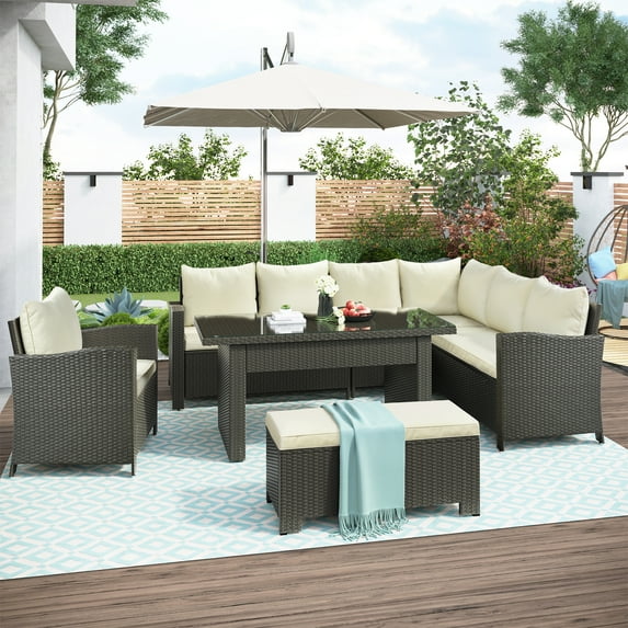 Patio Sectional Sofa Set, Patio Outdoor Furniture with Coffee Table and Cushions for Home Backyard Garden, Beige