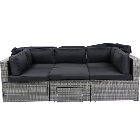 Patio Sectional Sofa Set | Retractable Canopy for Outdoor Relaxation, Suitable for Lawn and Poolside | Powder Coated Steel Frame, Hand Woven Rattan | Removable Cushions for Easy Maintenance