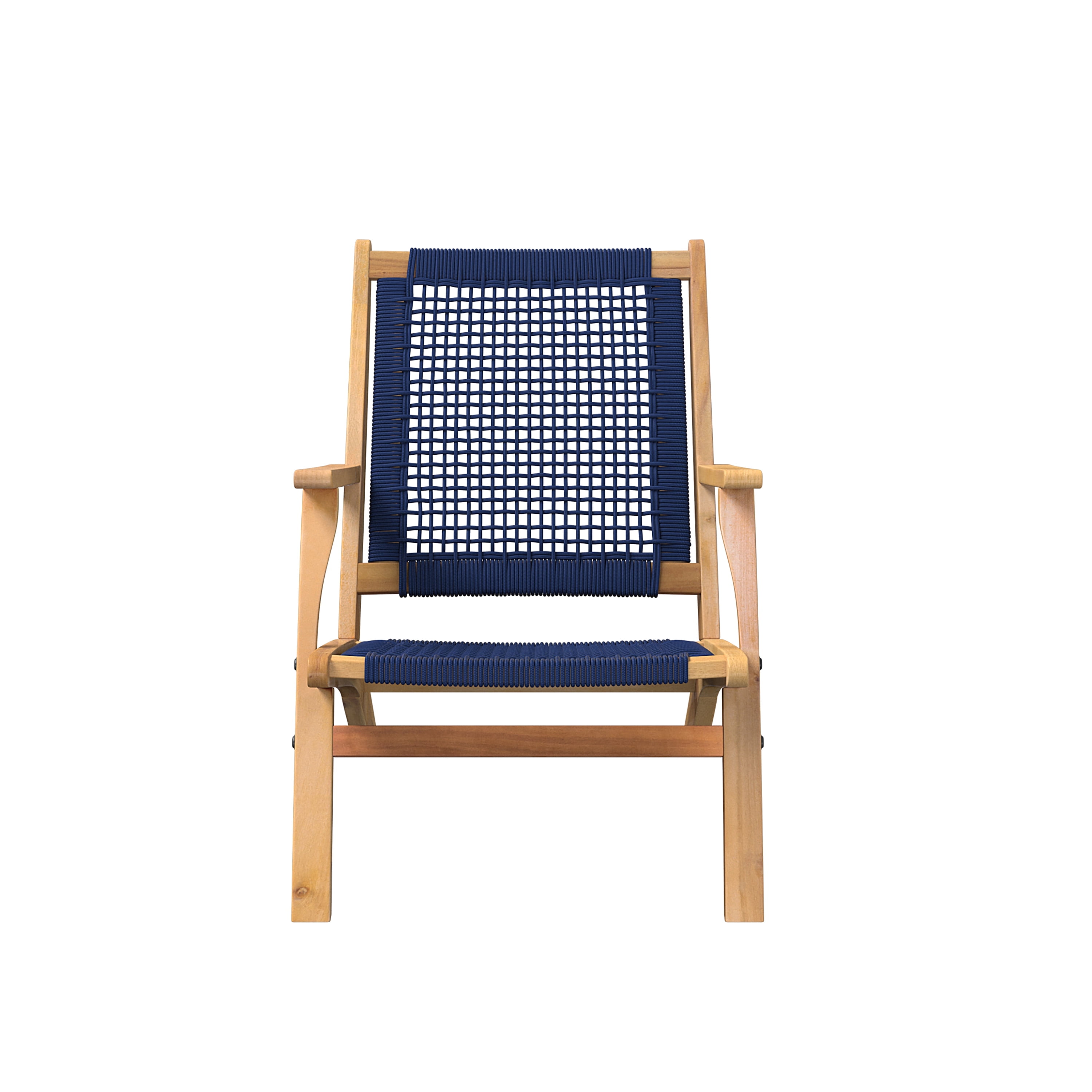 Vega Midcentury Natural Acacia Wood Outdoor Chair with Navy Blue Cording