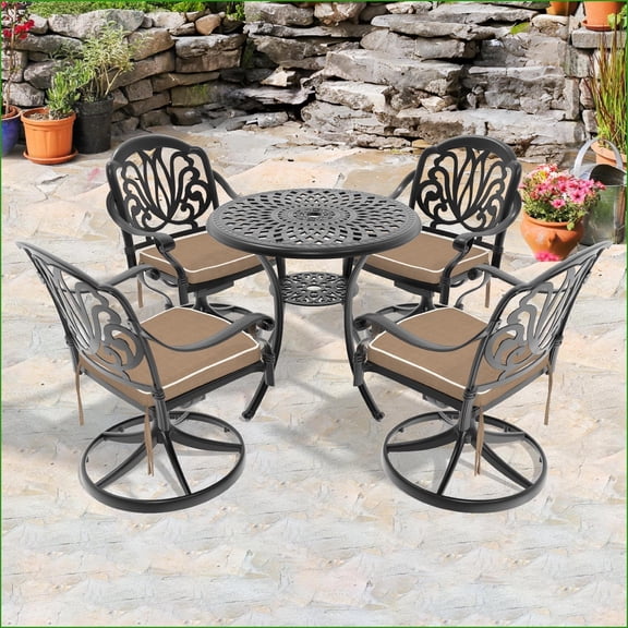 Patio Set 5-Piece All-Weather Cast Aluminum, 4 Swivel Chairs & 30.71'' Round Table | Black | Aluminum