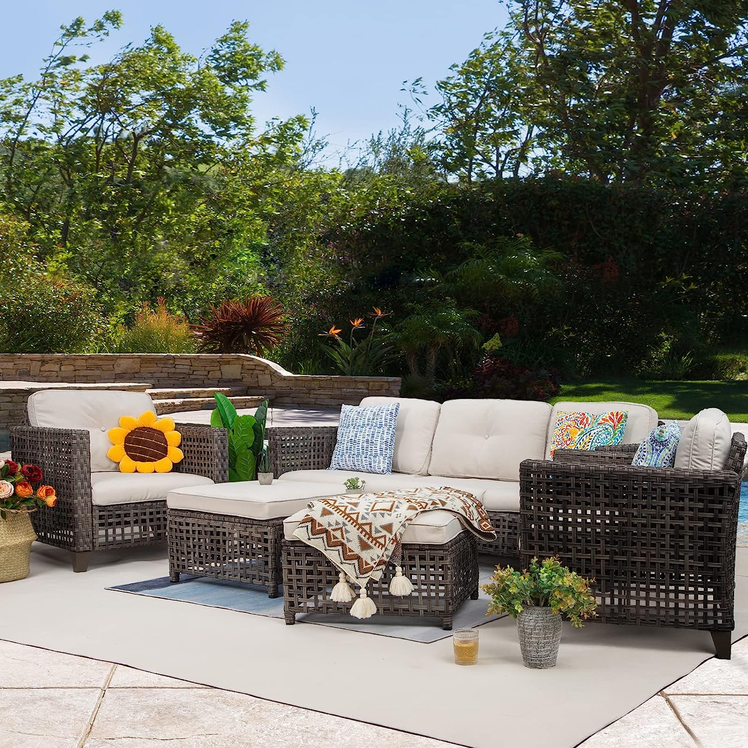 Patio Set 5Piece Wicker Outdoor Conversational Sets with 3Seat Sofa 2