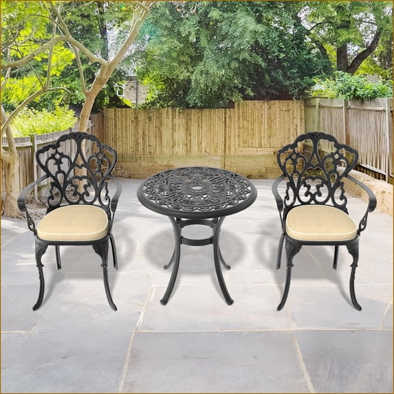 Patio Sets 3-Piece Traditional Cast Aluminum Outdoor Furniture with Black Frame & Cushions | Black | Cast Aluminum