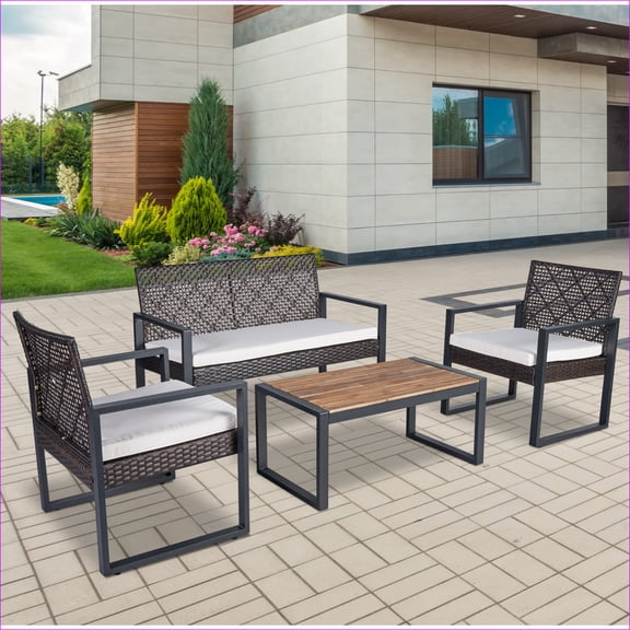 Patio Sets | 4-Piece Modern Outdoor Furniture for Patio Balcony Garden Backyard, Acacia Wood Table, Waterproof Cushions | Tan Brown | Wicker