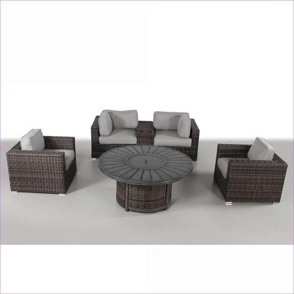 Patio Sets | 4-Seater 6-Piece Backyard Fire Pit Seating, Light Gray Cushions | Wicker | Tan Brown
