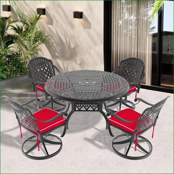 Patio Set, 5-Piece All-Weather Cast Aluminum Dining Set with 4 Swivel Chairs & 48 Round Table | Black | Aluminum