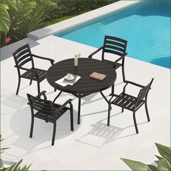 Patio Sets 5-Piece Outdoor Dining Set 4 Stackable Chairs & 40.6 Round Table with Umbrella Hole | Black | Metal