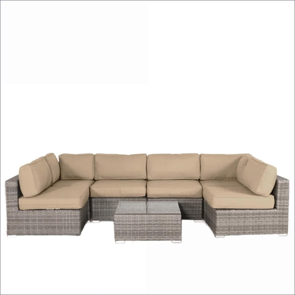 Patio Sets | 7-Piece 6-Person Pre-Assembled All-Weather Outdoor Sectional | Beige | Wicker