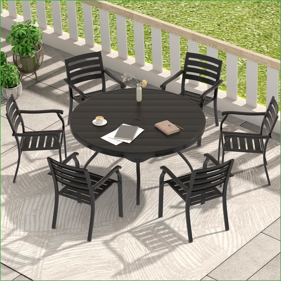 Patio Sets 7-Piece Outdoor Dining Set: Round Metal Table, 6 Stackable Chairs & Umbrella Hole for Lawn Garden | Black | Metal