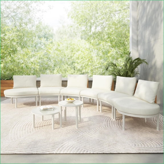 Patio Sets 8-Piece Half Moon Outdoor Sectional with 2 High-Low Coffee Tables, PE Wicker, 6 Cushions - Backyard Poolside | Aluminum,Rattan+Waterproof Fabric | Beige