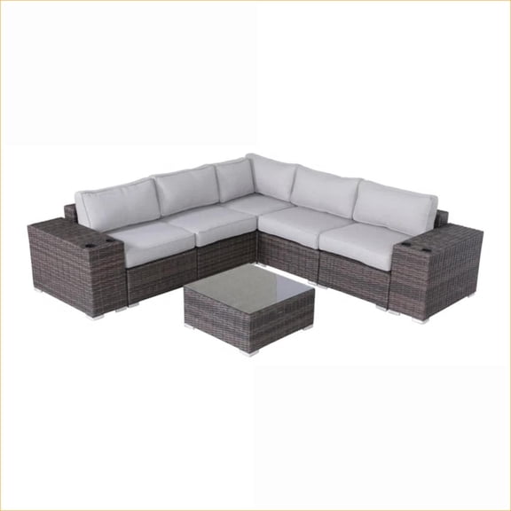 Patio Sets | 8-Piece Modern No-Assembly Outdoor Sectional for Patio, Walnut Brown Wicker Light Gray Cushions|Wicker|Brown