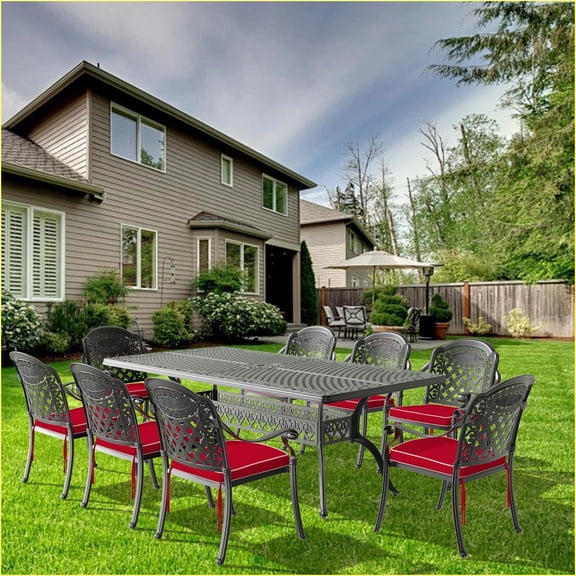 Patio Sets 9-Piece Cast Aluminum Outdoor Dining Set with Red Cushions | Black | Aluminum