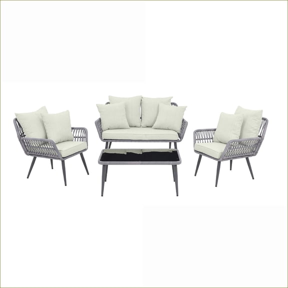 Patio Sets | Modern 4-Piece Outdoor Conversation Set for Backyard | light gray|cream|Metal