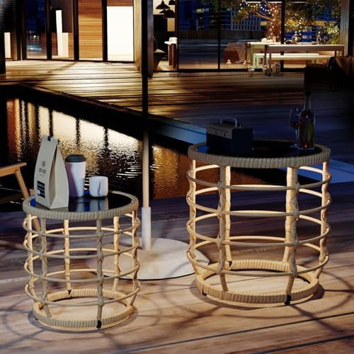 Patio Side End Table Set with Solar Lights, Boho Rattan Nesting End Table Set of 2, Outdoor Round Glass Tables, Weather Resistant for Garden, Poolside, Backyard, Oak and Black$$Garden & Patio