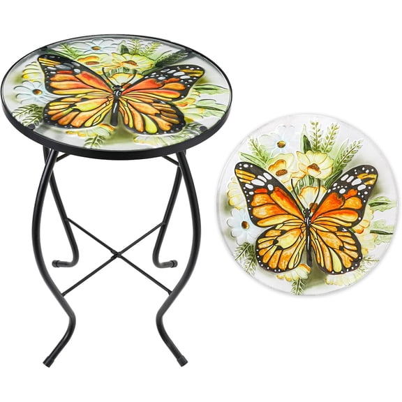 Patio Side Table, 14 Inch Round Glass Outdoor Accent Table with Yellow Butterfly Design