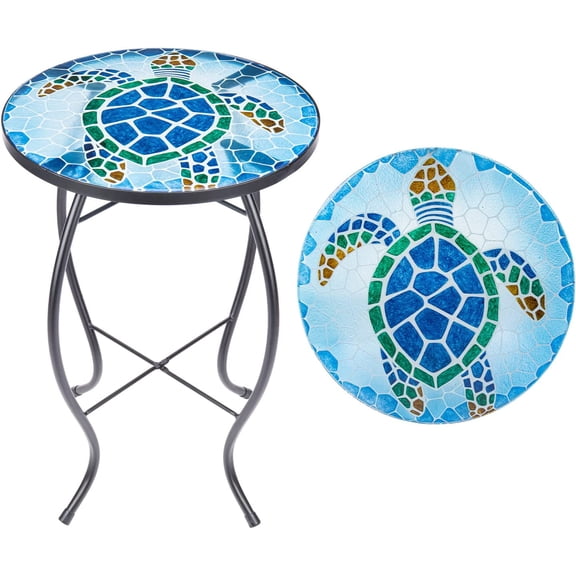 Patio Side Table Outdoor Accent Table Bistro Coffee Table Plant End Table Small Porch Table Indoor Round Glass Balcony Plant Table Stands Sea Turtle 12''