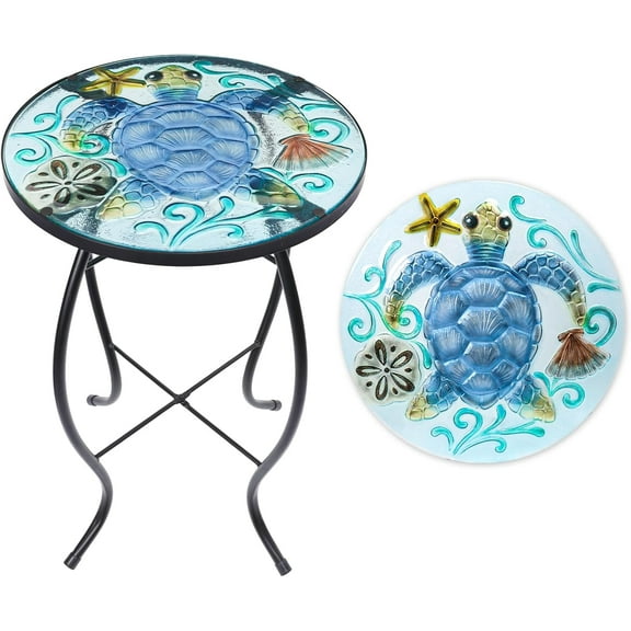 Patio Side Table Outdoor Accent Table Small Mosaic Table Coffee Table End Table Porch Table Indoor Outdoor Round Glass Balcony Bistro Plant Stands Blue Transparent Turtle 14 inches