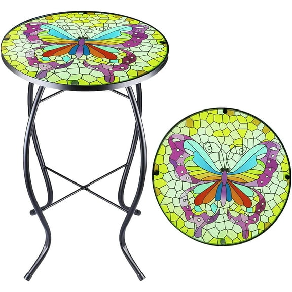 Patio Side Table Outdoor Mosaic Table Accent Coffee Table,Plant End Table Small Porch Colorful Butterfly Indoor,Round Glass Balcony Small Porch Plant Table Stands for Garden Patio Living Room 14 Inch