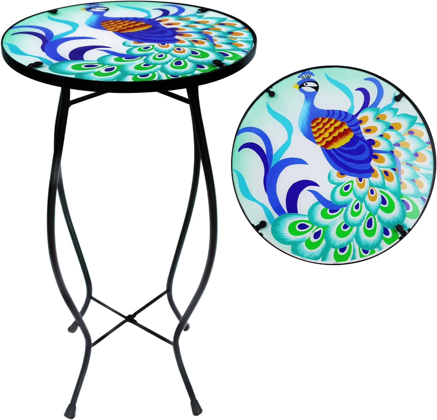 Patio Side Table Outdoor Mosaic Table Accent Coffee Table,Plant End Table Small Porch Peacock Table Indoor,Round Glass Balcony Small Porch Plant Table Stands for Garden Patio Living Room 14 Inch