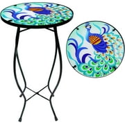 Patio Side Table Outdoor Mosaic Table Accent Coffee Table,Plant End Table Small Porch Peacock Table Indoor,Round Glass Balcony Small Porch Plant Table Stands for Garden Patio Living Room 14 Inch