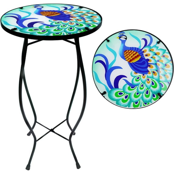 Patio Side Table Outdoor Mosaic Table Accent Coffee Table,Plant End Table Small Porch Peacock Table Indoor,Round Glass Balcony Small Porch Plant Table Stands for Garden Patio Living Room 14 Inch