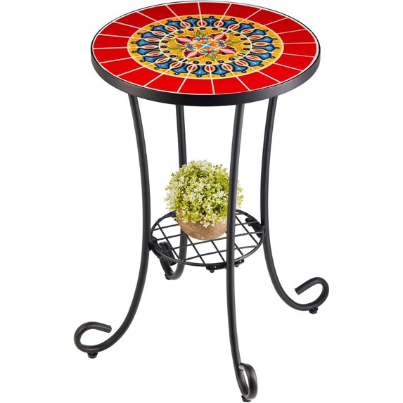 Patio Side Table and Plant Stand, 21" End Table with 14" Ceramic Tile Top for Porch Garden Decor, Indoor and Outdoor Mosaic Table, Living Room Bedroom Balcony Furniture for Home & Garden, Red