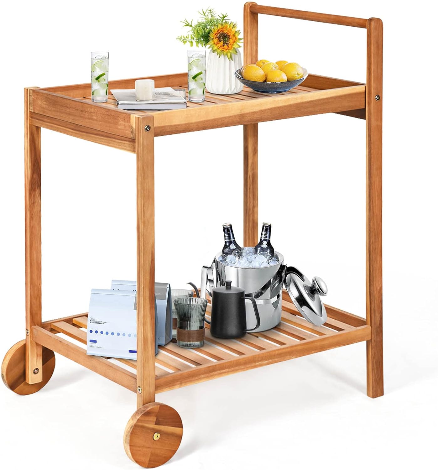 Patio Side Table on Wheels, Acacia Wood Outdoor Buffet Cart, Rolling Kitchen Island Serving Cart