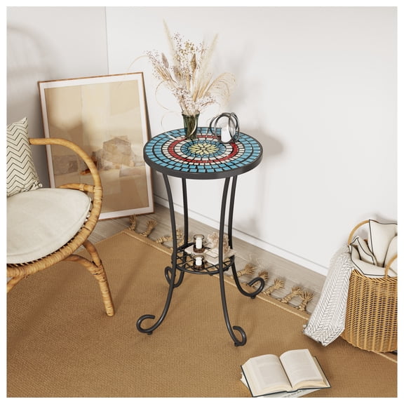 Patio Side Table with Shelf,Blue+Black