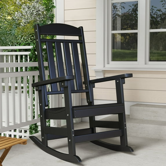 Patio Slat Rocking Chair, HDPE Plastic Weather Resistant Porch Rocker,Black