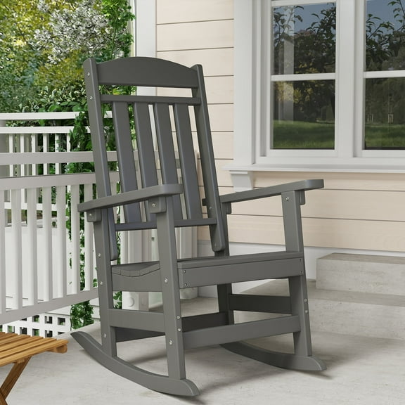 Patio Slat Rocking Chair, HDPE Plastic Weather Resistant Porch Rocker,Grey