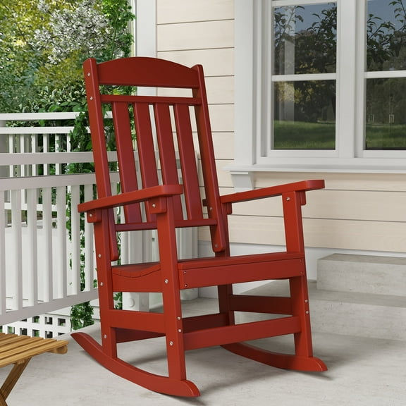 Patio Slat Rocking Chair, HDPE Plastic Weather Resistant Porch Rocker, Red