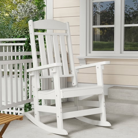 Patio Slat Rocking Chair, HDPE Plastic Weather Resistant Porch Rocker,White