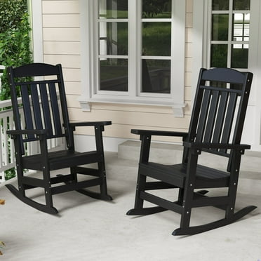 Patio Slat Rocking Chair Set of 2, HDPE Plastic Weather Resistant Porch Rocker,Black