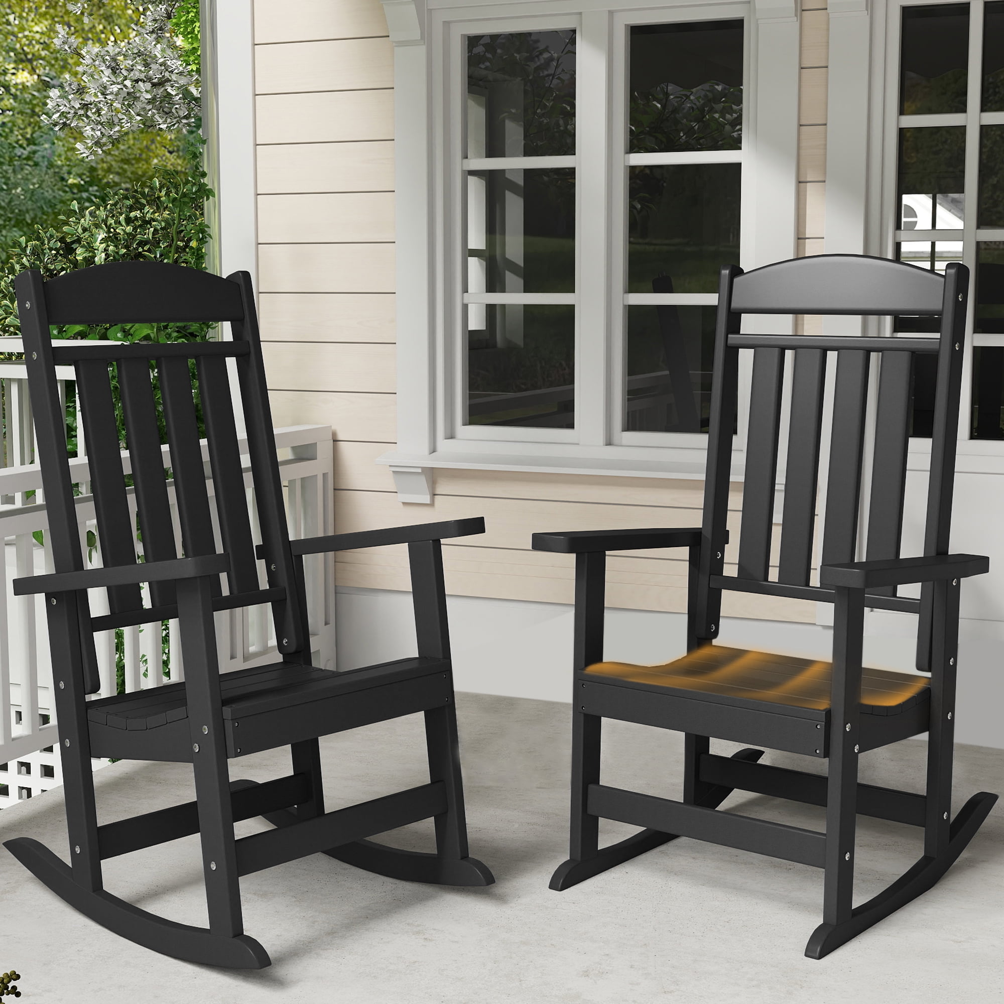 F O O W I N  Set of 2 Patio Resin Balcony Rocking Chairs, All-Weather Resistant, High Back, Black